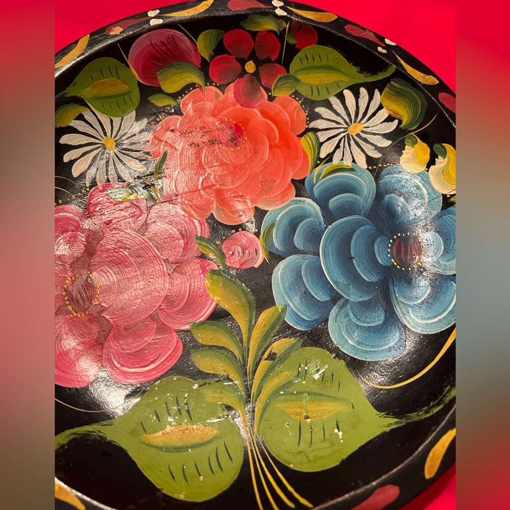 Vintage Mexican batea wood Hand-Painted Floral Decorative Plate - Picture 3 of 3